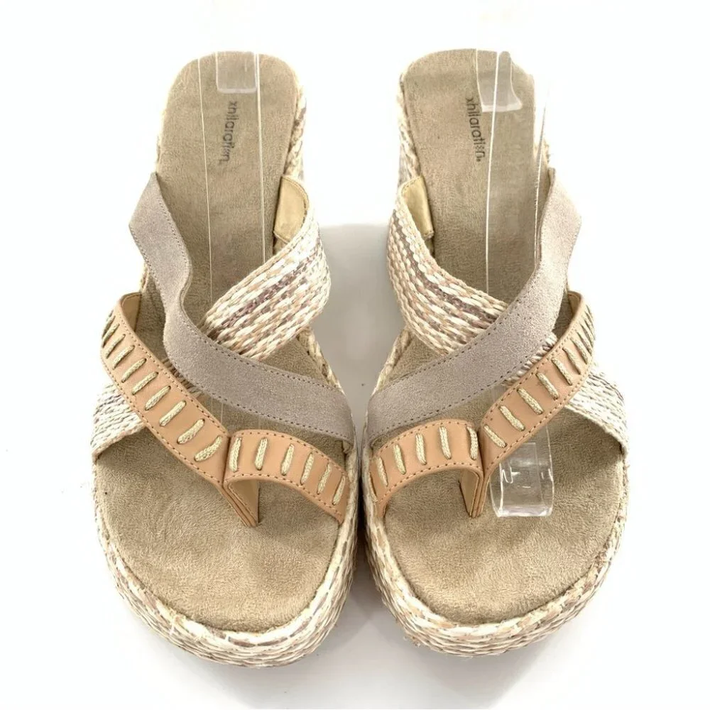 Xhilaration sandals 9 gray tan leather suede chunky platforms vintage y2k 90s